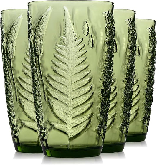 Green Drinking Glasses Set of 4, 16 oz Glass Cups, Vintage Fern Glassware | Hand-Pressed, Dishwasher Safe, Boho Leaf-Textured Drinkware, Embossed Highball Tumblers for Water, Retro Kitchen Gift by QELVIO