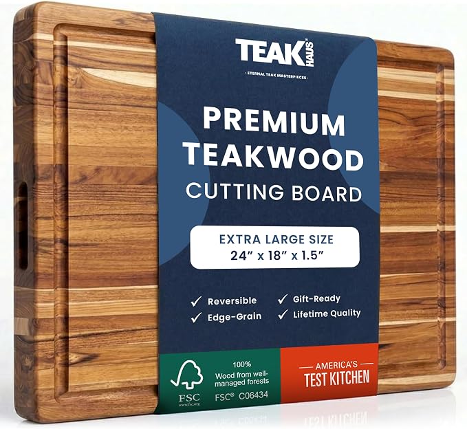 Teakhaus Carving Board with Juice Groove - Extra Large (XL) Teak Wood Cutting Board 24”L x 18”W x 1.5” Thick - Sustainably Harvested & FSC Certified - Knife Friendly with Beeswax Oil Finish by TEAKHAUS