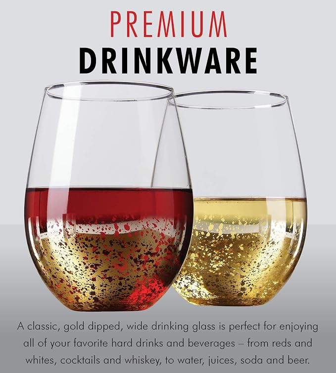 Kitchen Lux 18 oz Gold Rimmed Stemless Wine Glasses for Parties – Set of 6 Gold Wine Glass Cocktail Tumblers – Large Crystal Clear Wine Cups - Deluxe Glassware Gift for Christmas - Dishwasher Safe - Image 2