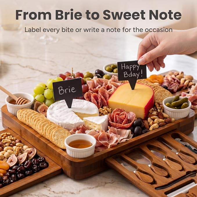 SMIRLY Charcuterie Boards Set, Large Cheese Board Set, Carbonized Bamboo | House Warming Gift, Wedding Gift for Couple, Bridal Shower Gift, Cheese Board Gift Set, Detachable Drawer Design, 3-Drawer - Image 3
