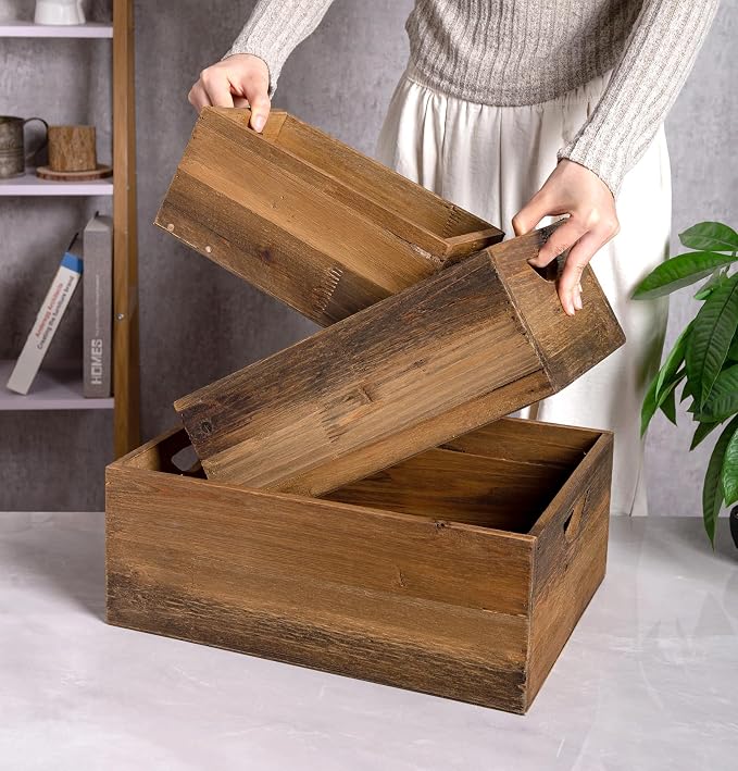TIMRIS Set of 3 Rustic Distressed Wood Nesting Crates, Farmhouse Decorative Wooden Storage Boxes, Vintage Reclaimed Wood Baskets for Display (Natural) - Image 4