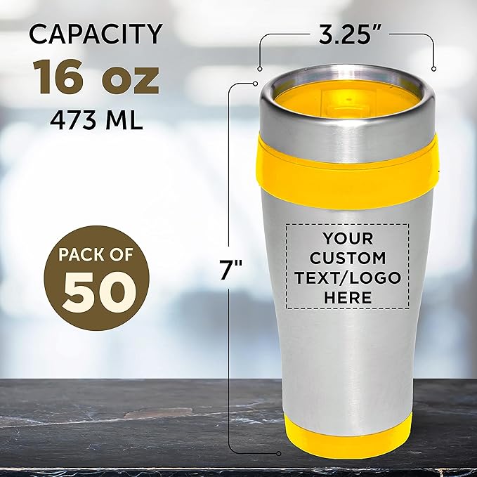 Custom Insulated Stainless Steel Travel Mugs 16 oz. Set of 50, Personalized Bulk Pack - Perfect for Coffee, Soda, Other Hot & Cold Beverages - Yellow