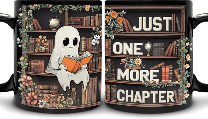 Hyturtle Cute Ghost Reading Mug Gifts on Birthday Halloween for Book Lovers | Just One More Chapter, Funny Book 11oz Ceramic Mug For Readers, Bookish Gifts, Vivid double-sided print, Comfort grip handle by Hyturtle