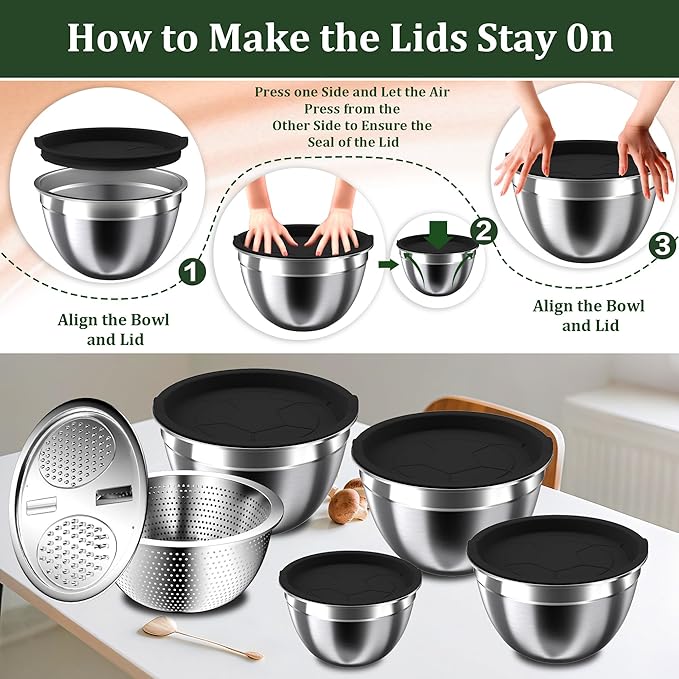 Mixing Bowls with Lids Set, 16PCS Stainless Steel Mixing Bowls,Nesting Storage Bowls for Kitchen with Mixing Bowl, Colander, Strainer & Grater, Metal Salad Bowl for Kitchen Gadgets, Black