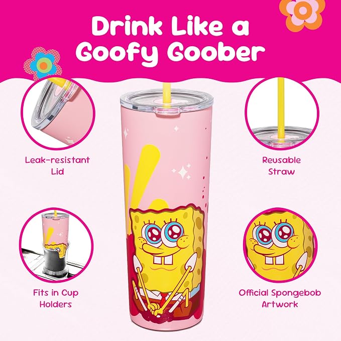 Dragon Glassware x SpongeBob SquarePants Tumbler with Straw, 24 oz - Pink | Vacuum Insulated Stainless Steel Tumbler with Straw & Lid; Double Walled Tumbler with Straw; SpongeBob SquarePants Cup - Image 5