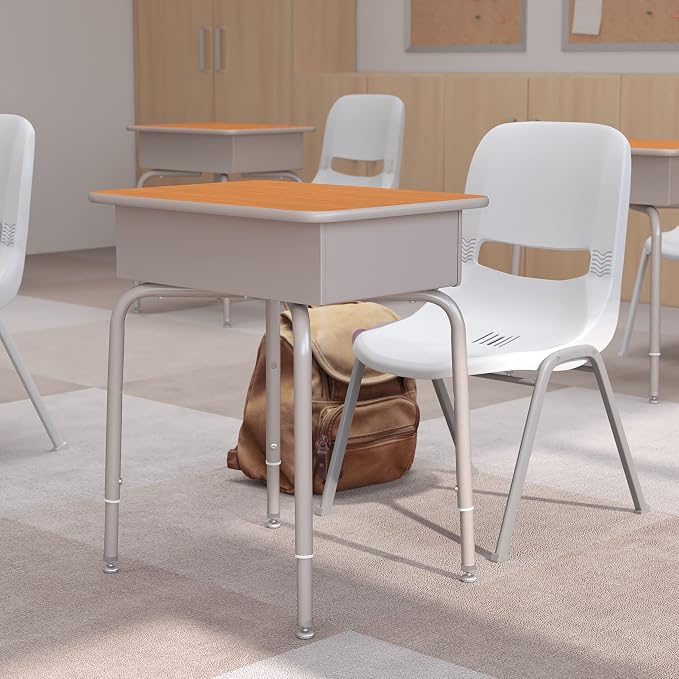 Flash Furniture Billie Student Desk - Walnut Open Front School Desk - Silver Metal Frame - 24"W x 18"D Adjustable Height, Durable for School or Remote Learning - Image 7
