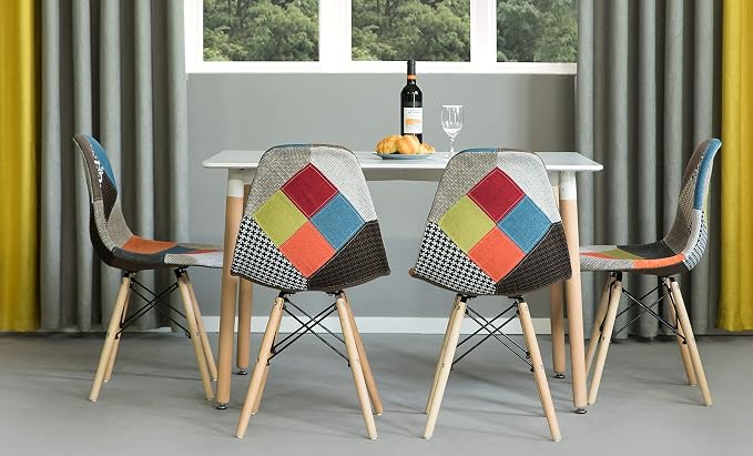 Fabulaxe Mid-Century Modern Upholstered Plastic Multicolor Fabric Patchwork DSW Shell Dining Chair with Wooden Dowel Eiffel Legs, Set of 4 - Image 4