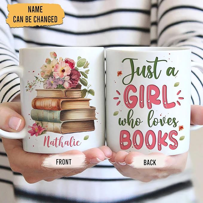 Hyturtle Personalized Gifts Book Lover - Just A Girl Who Loves Books Custom Name Ceramic Coffee Mug Cup 11oz - Reading Book Lovers Gifts For Women, Girl Daughter On Birthday, Christmas - Image 2