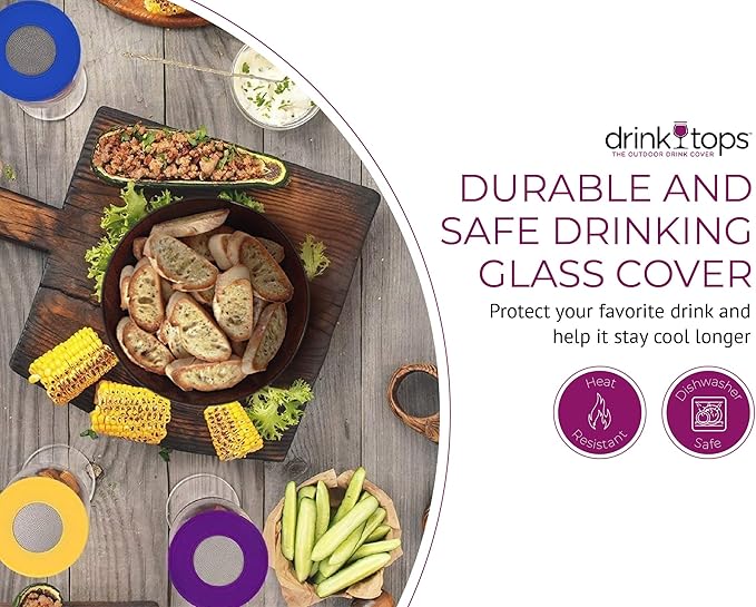Drink Tops Ventilated Silicone Wine Glass Covers - Weighted Cover with Screen Allows Wine to Breathe - Outdoor Wine Glass Covers to Keep Particles Out - BPA Free - 4pk