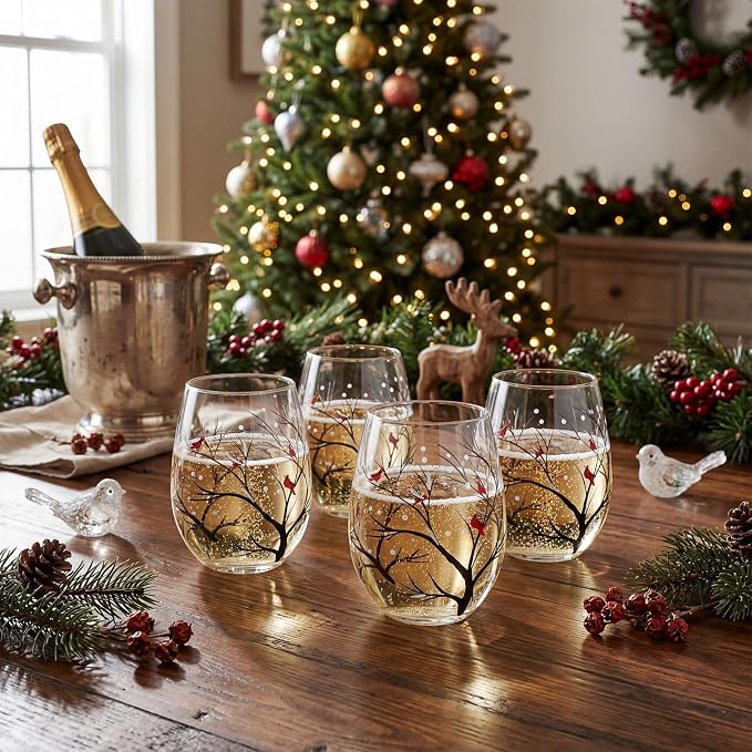 Yungyan 4 Pack Christmas Stemless Wine Glasses, 15 oz Hand Painted Holiday Drinking Tumblers with Cardinal & Snowy Tree Branch Design, Festive Winter Glassware for Xmas Party, Cabin, Home Decor - Image 6