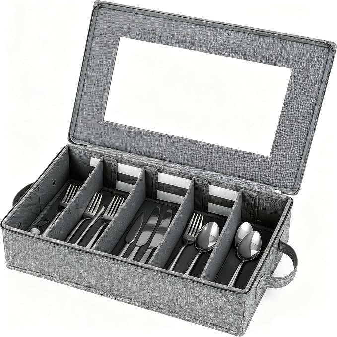 punemi Flatware Storage Case with Adjustable Dividers, Large Capacity Silverware Box Chest, Zipper Lid, Cutlery Organizer, Gray by Punemi