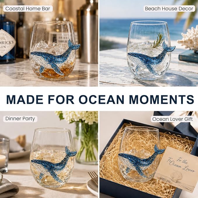 Coastal Stemless Wine Glasses Set of 4, 12oz 3D Ocean Animal Artisan Glassware Collection with Unique Sea Life Designs (B - Set of 1) - Image 4