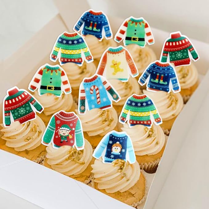 40PCS Edible Ugly Sweater Cupcake Toppers Wafer Paper Christmas Cupcake Toppers Picks Merry Christmas Theme Holiday Baby Shower Birthday Party Cake Decorations Supplies - Image 2