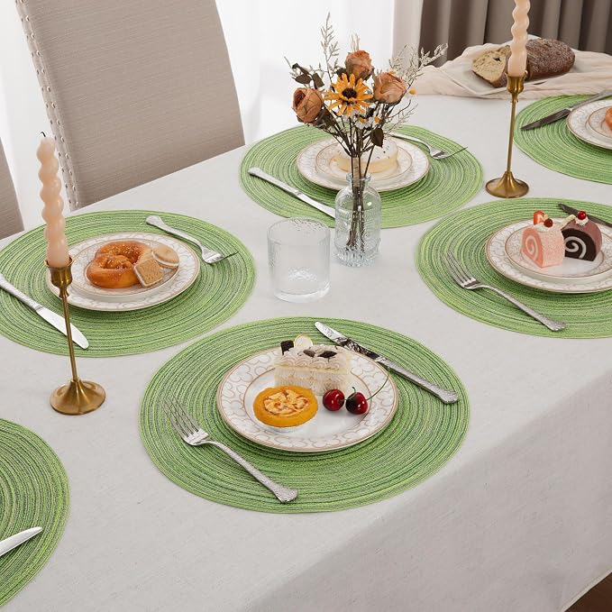 SHACOS Round Placemats Set of 4 Round Table Placemats Braided Cotton Place Mats 15 inch for Kitchen Dining Table Holiday Party (Mixed Color Pea Green, 4) - Image 7