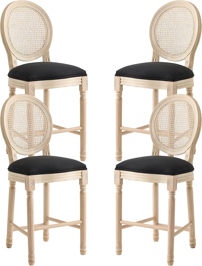 French Country Barstool, Linen Farmhouse Counter Height Chair | Set of 4, with Rattan Round Back and Solid Wood Legs, Oval Chairs for Restaurant, Bar, Kitchen, Café, Black by RCDDFurniture