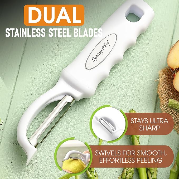 Spring Chef Swivel Potato Peeler for Kitchen with Ergonomic Handle, White | Premium Vegetable Peeler w/ Sharp Stainless Steel Blades, Multifunctional Food Peeler for Apple, Carrot, Cucumber, Fruit - Image 2