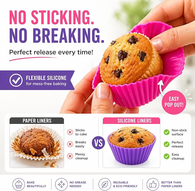 Cupcake Liners - Reusable Silicone Cupcake Baking Cups - Non-Stick Baking Muffins Mold - Use As Lunch Box Dividers - Set of 12 Kitchen Accessories - Great Gift Idea - Image 3