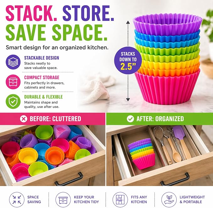 Cupcake Liners - Reusable Silicone Cupcake Baking Cups - Non-Stick Baking Muffins Mold - Use As Lunch Box Dividers - Set of 12 Kitchen Accessories - Great Gift Idea - Image 9