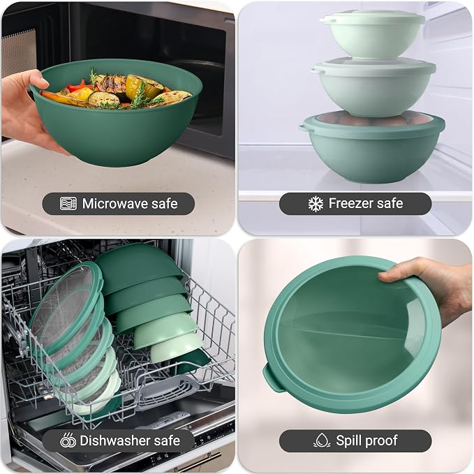 Zulay Kitchen 12-Piece Plastic Mixing Bowl Set - Colorful Nesting Bowls with Lids - Microwave & Freezer Safe (Teal Ombre) - Image 7