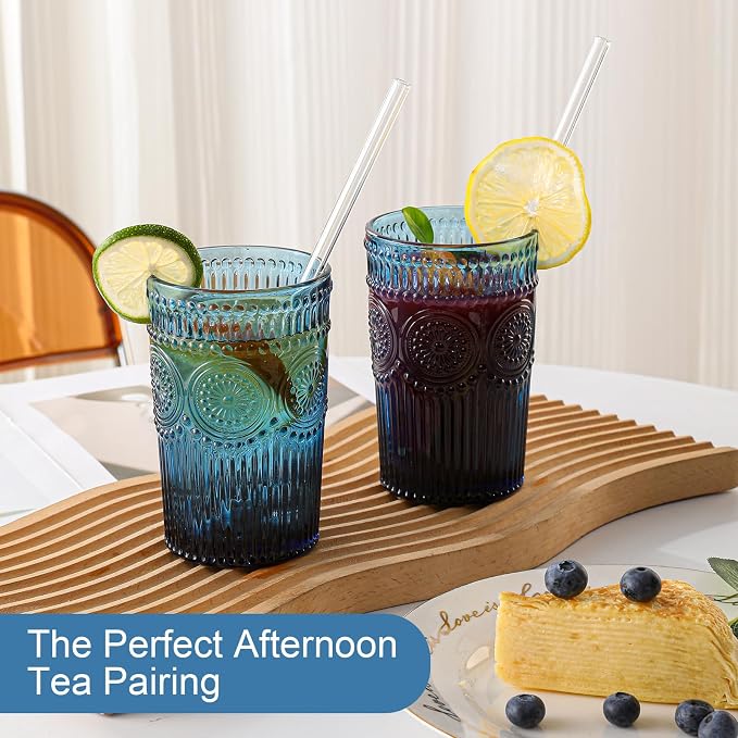 ZMOWIPDL Drinking Glasses Set of 6,13oz Flower Design Blue Glass Cups | Vintage Glassware,Textured Tumblers,Embossed Striped Drinkware for Water,Cocktails,Juice,Iced Coffee - Image 6
