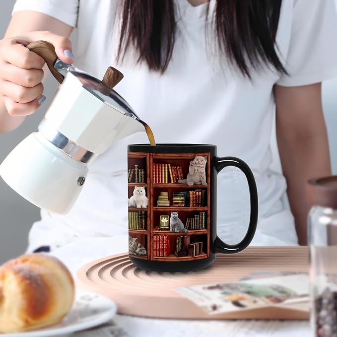 Cat Book Coffee Mug, Library Bookshelf Large Tea Cup, Black, 15oz | Ceramic, Comfortable Handle, Novelty Bookish Gifts for Book Lovers, Cat Lovers, Women, Men, Readers, Writers, Bookworms - Image 7