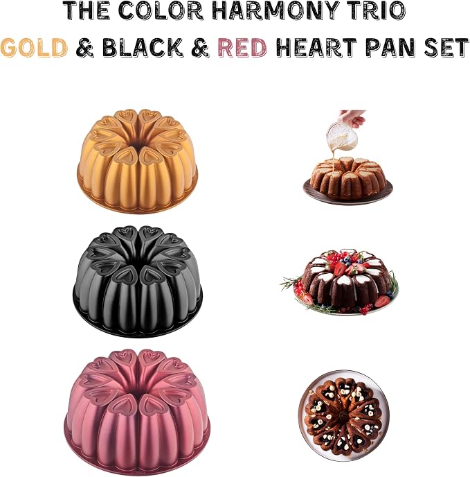 Heart Shape Cast Aluminum Molded Cake Pan, Titanium Coating, Non-Stick, 12 Cups, 10 Inch Pound Pan intended for Bundt Cakes, Gifts for Mom, Fluted Tube, Easy to Clean (3-Pack, Gold-Black-Red) - Image 3