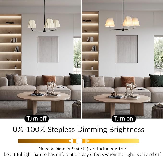 Mid-Century Modern Chandelier - 3-Light Kitchen Island & Dining Room Pendant with Matte Black Frame, Natural Conical Ivory Pleated Linen Shades, 120° Equal Arms - Image 4