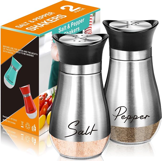 Salt and Pepper Shakers - 4 oz Silver Glass Set with Stainless Steel Lids | Refillable Glass Shakers with Stainless Steel Lids for Cooking, Dining, RV Trips, Camping and BBQs; 4 oz Capacity Each. by ARROZON