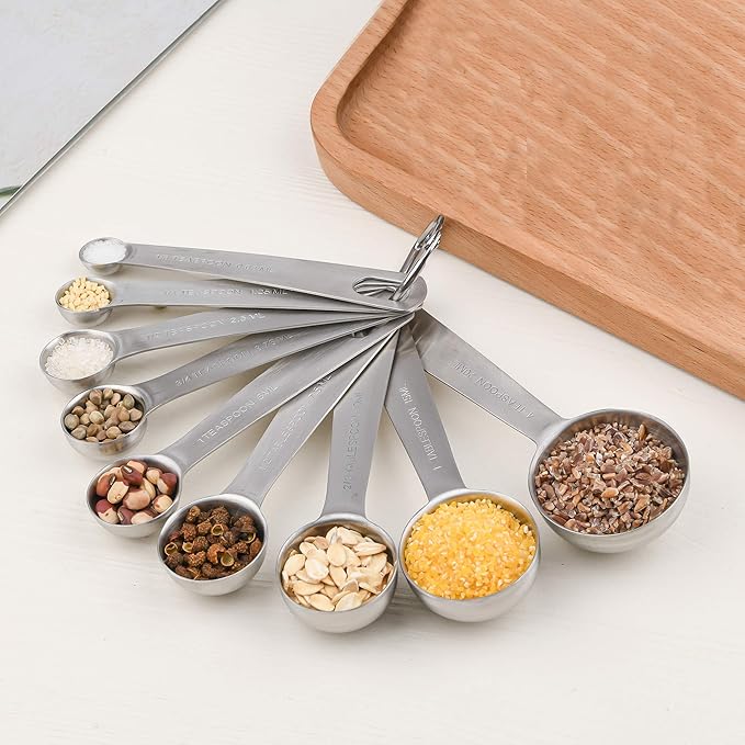 Measuring Spoons Set 9, 18/8 Metric & US Stainless Steel Measuring Spoons 1/8, 1/4, 1/2, 3/4, 1 tsp, 1/2, 2/3, 1 Tbsp, 4 Tsp. 1 Measurer Ingredient Leveler and 1 Locking Ring