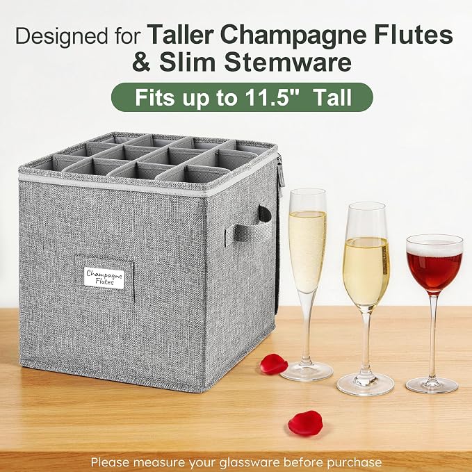 LotFancy Champagne Flute Storage Container, Hard Shell, Stackable, 12" Tall Wine Glass Storage Box with Dividers & Handles, Stemware, Crystal Glassware, Drinkware Case for Moving, Grey - Image 8