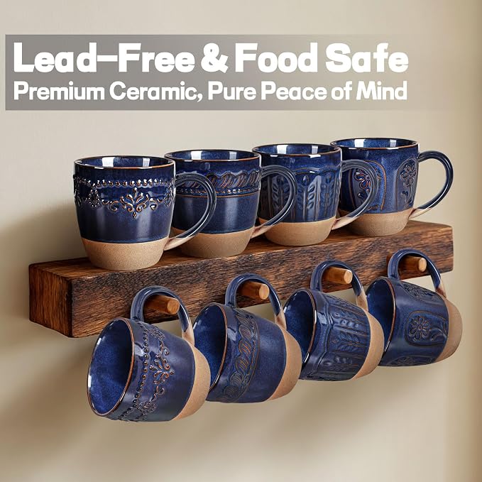 Artena Ceramic Coffee Mugs Set of 4, 16oz Embossed Large Latte Mugs Coffee Cups with Handle for Tea, Latte, Cappuccino & Cocoa, Milk Dishwasher & Microwave Safe, Blue (Multiple Patterns) - Image 3
