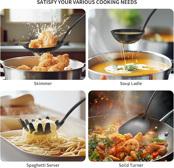 304 Stainless Steel Kitchen Cooking Utensils Set - 9 PCS Serving Utensils, Include Skimmer, Soup Ladle, Spaghetti Server, Wok Spatula, Slotted & Solid Spoon, Slotted Spatula Turner, Meat Fork (Black） - Image 6