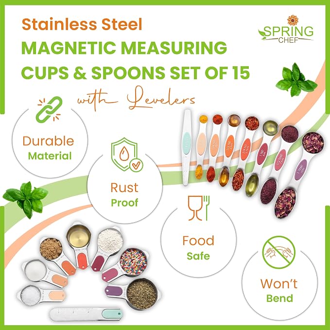 Spring Chef 15 Magnetic Measuring Cups & Spoons, Patented, Desert Sunset | Nesting Stainless Steel Measuring Cups & Heavy Duty Metal Measuring Spoons with Levelers for Dry & Liquid Ingredients - Image 2