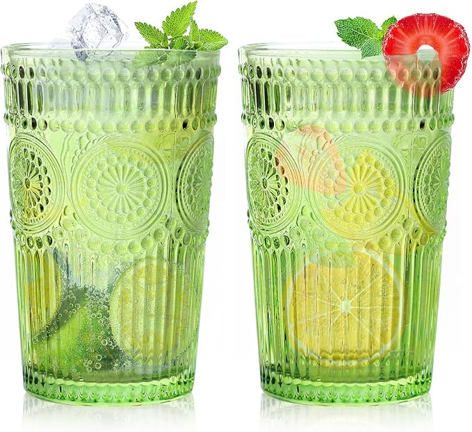 Loivttvv 6pcs Vintage Drinking Glasses Set, 12 oz Green Highball Glasses, Embossed Ribbed Glassware Cups for Cocktail, Water, Juice, Coffee, Whiskey by Loivttvv