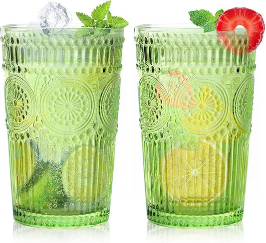 Loivttvv 6pcs Vintage Drinking Glasses Set, 12 oz Green Highball Glasses, Embossed Ribbed Glassware Cups for Cocktail, Water, Juice, Coffee, Whiskey by Loivttvv