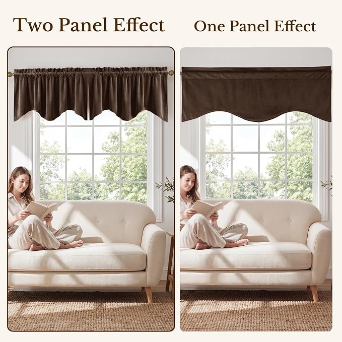 Brown Valance for Windows 52x18 Inch 1 Panel | Solid Velvet Wavy Kitchen Curtains for Small Window, Autumn Traditional Home Decor Window Treatment for Living Room - Image 7