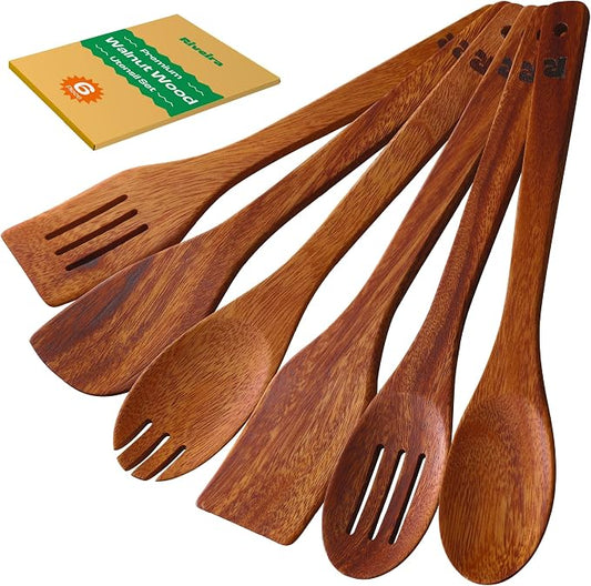 Riveira Walnut Wooden Spoons for Cooking Set of 6 – Natural Walnut Wooden Cooking Utensils, Spatula, Spoon - Premium Quality Utensil Set for Non-Toxic Cooking by Riveira