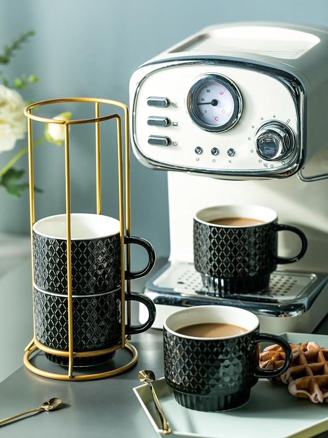 LYEOBOH Stackable Coffee Mugs Set of 4 with Rack & Spoons Coffee Mug Set 13 OZ., Ceramic Embossed Grinding Demitasse Cups Set Cappuccino Cup Halloween for Coffee, Latte, Macchiato, Espresso, Black - Image 3