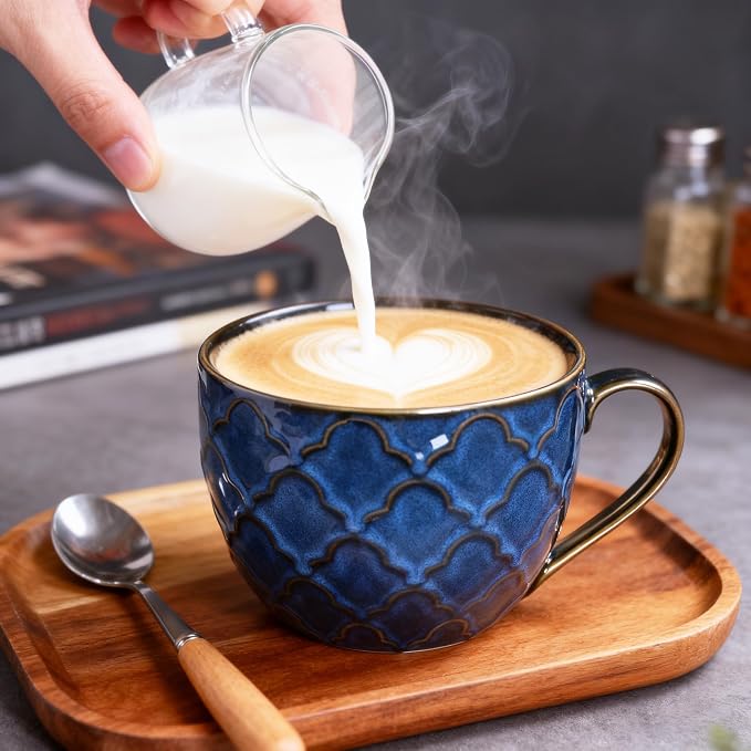 24 oz Large Coffee Mug, Ceramic Coffee Mugs with Handles, Set of 2, Blue | Coffee Mug for Hot Chocolate, Cappuccino, Soup, Oatmeal, Ramen, Microwave & Dishwasher Safe, Coffee Cups Large Soup Bowl - Image 4