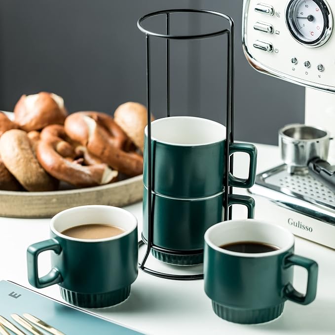 Miamolo Stackable Coffee Mugs Set of 4 with Holder Spoons 11oz Ceramic Cappuccino Cups for Espresso Latte Tea Drinks, Father's Day,Dishwasher & Microwave Safe, Green - Image 7