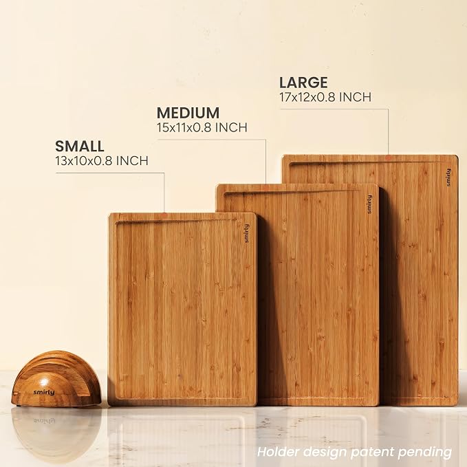 SMIRLY Cutting Board, Carbonized Bamboo Cutting Board Set of 3 with Stand | Non Toxic Wooden Cutting Board with Juice Grooves and Handles, Multiple Sizes Chopping Boards for Meat Vegetable Charcuterie - Image 5