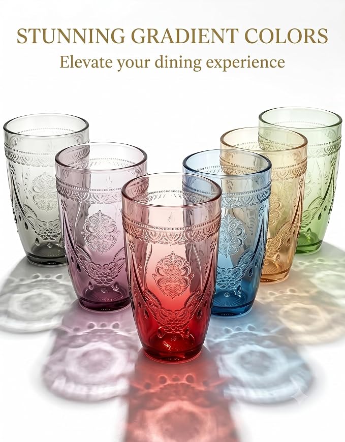 13 OZ 6 Pack Vintage Drinking Glasses Set, Colorful Textured Glass Tumblers Cups -Embossed Striped Glassware for Water, Cocktails, Juice, Iced Coffee, Beer(necklacestyle) - Image 4