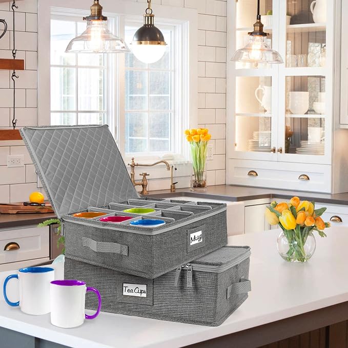 LotFancy Cup and Mug Storage Container, Hard Shell, China Coffee Mug Storage Box for Moving, with Dividers & Handles, Holds 12 Tea Cups, Grey - Image 7