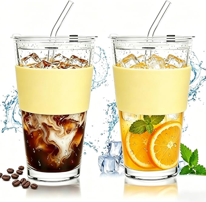 Birity 16oz Glass Cup with Lid and Glass Straw,Set of 2 Thickened Glass Coffee Tumblers with Silicone Sleeve,Reusable Iced Coffee Cups for Smoothie、Soda Water、Juice、MilkSshake、Travel Cup by 24ozRibbedGlassCup