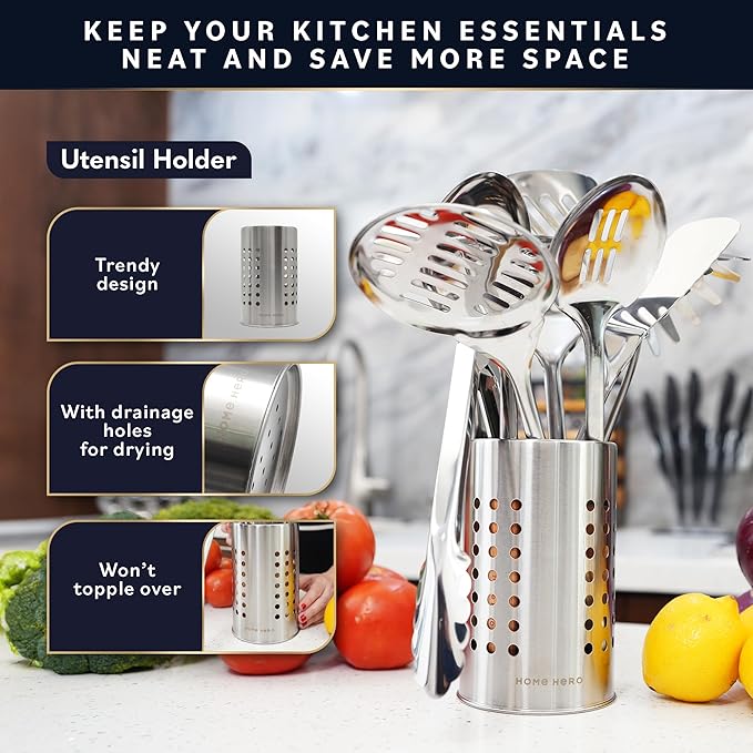 Home Hero 10-Piece Stainless Steel Kitchen Utensil Set with Wooden Handle | Ergonomic Wood Handle Stainless Steel Kitchen Utensils - Rust-Resistant, Nonstick Safe with Storage Holder (10-Piece) - Image 6