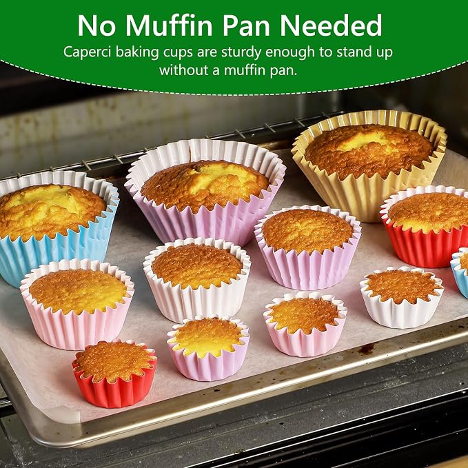 Caperci Heavy Duty Multicolor Jumbo Cupcake Muffin Liners for Baking - 100pcs Extra Large Grease-Resistant Paper Baking Cups, No Muffin Pan Needed, Odorless, Easily Peels (Bright Assorted Colors) - Image 3