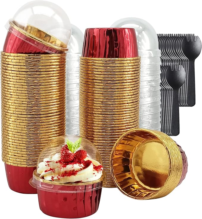 Cupcake Liners with Dome Lids 100 Pack,LNYZQUS 5.5Oz Foil Baking Cups Muffin Tin,Large Cupcake Wrappers Souffle Pudding Ramekin Holders for Christmas Wedding Birthday Party,with Spoons-Red in Gold by LNYZQUS