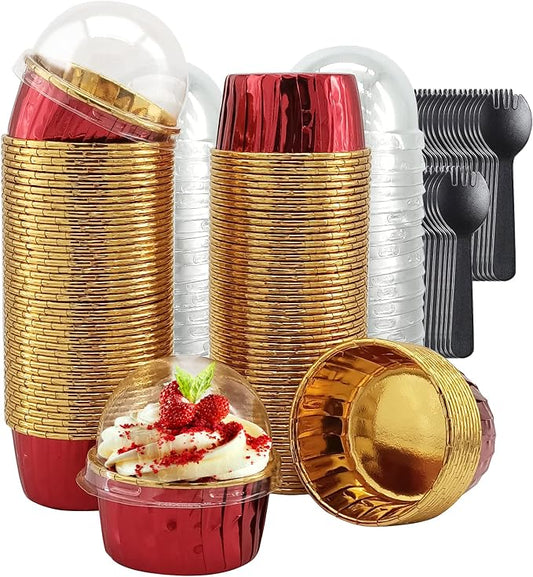 Cupcake Liners with Dome Lids 100 Pack,LNYZQUS 5.5Oz Foil Baking Cups Muffin Tin,Large Cupcake Wrappers Souffle Pudding Ramekin Holders for Christmas Wedding Birthday Party,with Spoons-Red in Gold by LNYZQUS