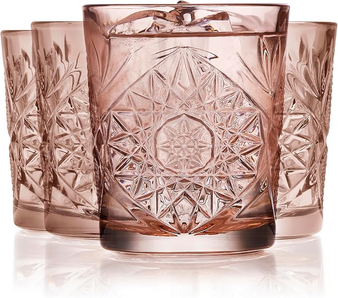 Libbey Hobstar Double Old Fashioned Glasses,Rose Colored Cut Glass Drinking Glasses Set of 4, Durable, Vintage Whiskey Glasses for Cocktail, Drinks by Libbey