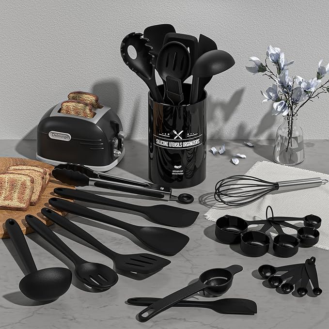Silicone Kitchen Utensils Set, Umite Chef 22Pcs Cooking Utensils Spatula Set, Heat Resistant Non-Stick Silicone, Dishwasher Safe Cooking Gadgets Tools Set(Black) - Image 2